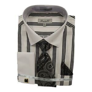 MEN'S FRATELLO TRIPLE STRIPED WHITE COLLAR FRENCH CUFF DRESS SHIRT. FRV4159P2.